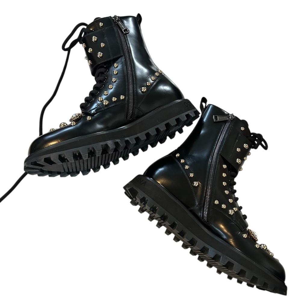Dolce & Gabbana 9 Naxos combat boot studded jeweled lace‎ up zip crown embossed - Picture 11 of 16